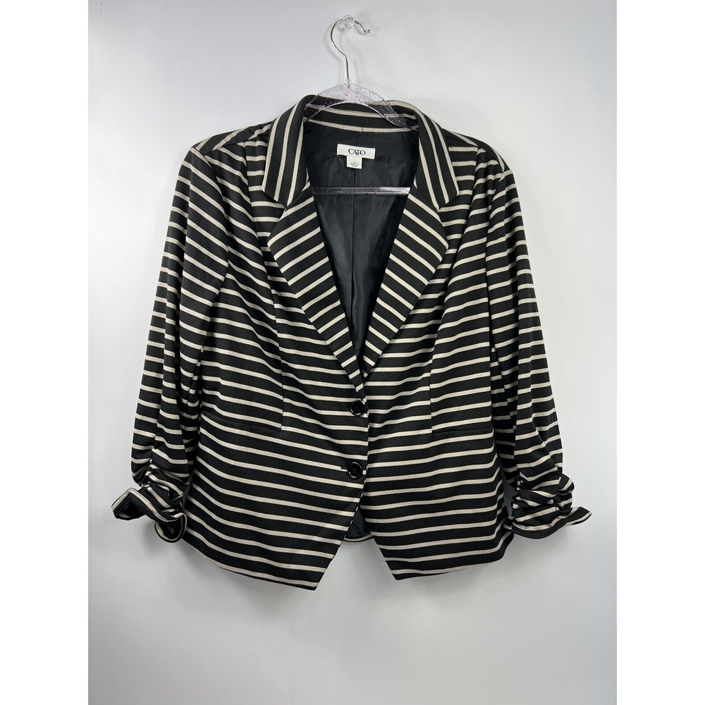Cato Blazer Jacket Women's Size Large Black/Tan Stripe Ruched Sleeved 2 Button